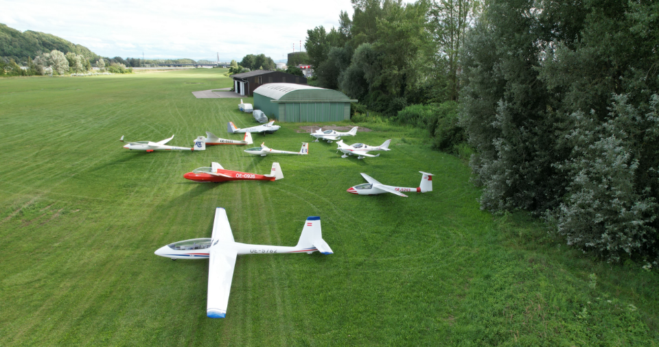 9 Segelflieger auf Wiese